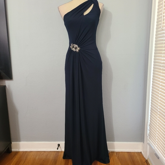 David Meister Dresses & Skirts - David Meister Dress Gown Maxi Dark Blue One Shoulder Crystal Wedding 2